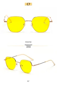 Front- und 45-Grad-Ansichten der Vintage-Gold-Metall-Sonnenbrille mit gelben Gläsern