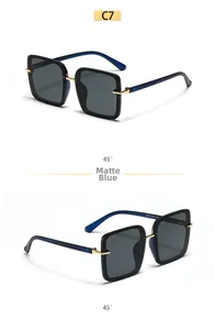Détail macro de lunettes de soleil carrées bleu mat avec charnières en métal doré