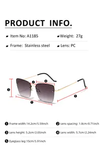Detailed size chart for square semi-rimless sunglasses with frame and lens dimensions