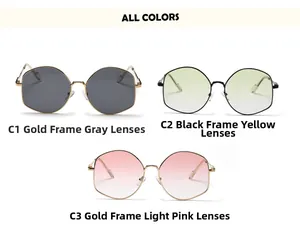 Octagonal oversized sunglasses set in gold and black frames with various gradient lenses