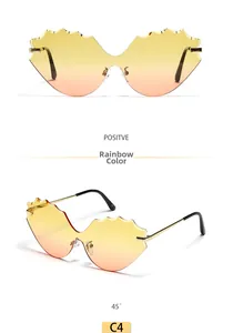 Detail view of cat eye rimless sunglasses with wave edge rainbow gradient lenses