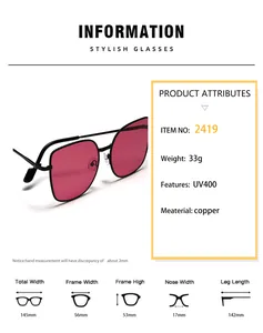 Detailed size chart for cat eye oversized metal sunglasses with dimensions and UV400 spec