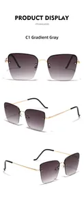 Three-view detail of semi-rimless square sunglasses with grey gradient lenses and gold frame