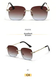 Detail of rimless square sunglasses with gradient tea lenses and rhinestone gold metal arms