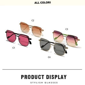 Detail of oversized metal cat eye sunglasses featuring textured frames in four colors