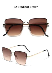 Detailed views of square rimless sunglasses with gradient tea lenses and gold metal frames