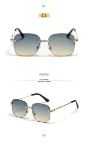 Macro detail of rimless square sunglasses with green-yellow gradient lenses and rhinestones