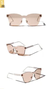 Three-angle view of light coffee rimless cat-eye sunglasses with gradient resin lenses