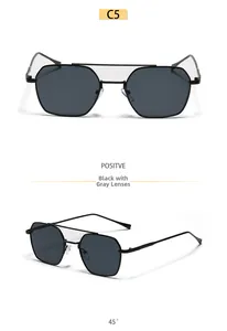 Vues de face et à 45 degrés de lunettes de soleil polygonales en métal noir avec double pont
