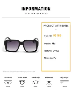 Size chart and specifications for square sunglasses with UV400 PC frame dimensions