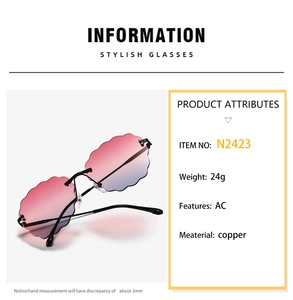 Macro detail of rimless cloud shape sunglasses with pink blue gradient wave edge lens