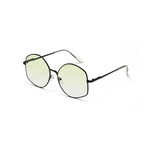 Oversized polygonal metal sunglasses with black frame and light green lenses for a modern look