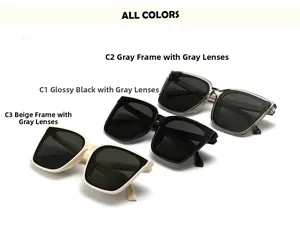 Three square vintage sunglasses colors in black, transparent grey and beige with grey lenses