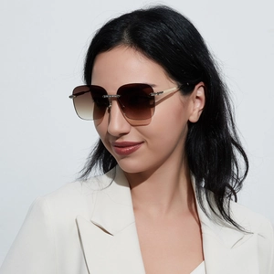 Oversized Rimless Square Sunglasses For Women Copper Frame Rhinestone Gradient Lens Fashion Luxury UV400 Eyewear