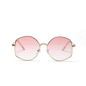 Large polygonal gold metal frame sunglasses with gradient pink lenses for women