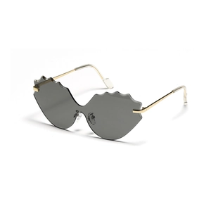 Chic cat eye rimless sunglasses with grey wavy lenses and thin gold metal temples