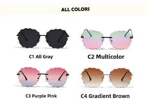 Four grid display showing cloud rimless sunglasses in grey, rainbow, purple and tea gradients
