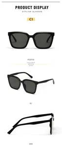 Detailed front and side views of glossy black square sunglasses with grey lenses