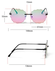 Detailed size specifications for rimless cloud-shaped wave sunglasses with dimensions