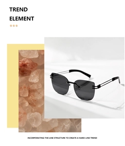 Close-up of frameless cat-eye sunglasses with detailed metal wire temple structure