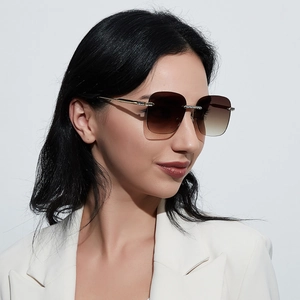 Rimless square gradient sunglasses with gold metal temples and crystal hinges for women
