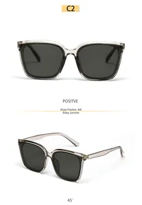 Detail of square gray transparent sunglasses with dark lenses and silver rivet accents