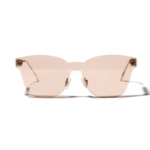 Frameless cat-eye sunglasses with peach gradient lenses and slim gold metal temples