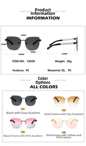 Detailed size parameters and four color options for rimless cat eye sunglasses