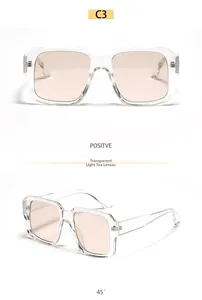 Detail of square transparent tea-tinted sunglasses with modern frame and clear hinges