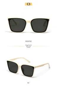 Detail view of cream square frame sunglasses with grey lenses from front and 45-degree angle