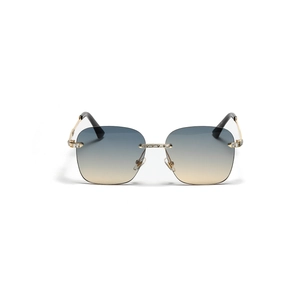 Frameless square sunglasses with gold metal bridge and blue yellow gradient lenses