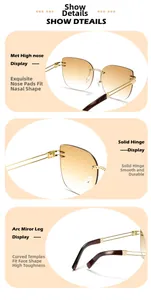 Detail view of cat eye sunglasses with brown gradient lenses and gold metal hinges