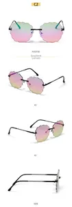 Macro detail of cloud-shaped rimless sunglasses featuring multi-color gradient wave lenses