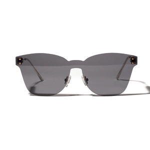 Oversized rimless shield sunglasses with one-piece dark grey lens and thin gold metal arms