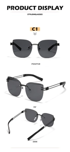 Detailed views of rimless cat-eye sunglasses with woven metal bridge and slim temples