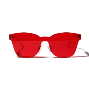 Modern rimless oversized cat eye sunglasses with red one-piece lens and silver metal temples
