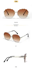Detailed views of cloud-shaped rimless sunglasses with gradient brown lenses and gold temples