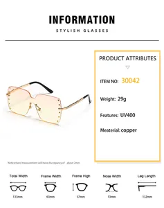 Detailed size guide and technical specifications for frameless square rivet sunglasses
