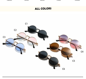 Collection of small round metal steampunk sunglasses in six gradient colors on white