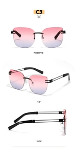 Rimless cat eye sunglasses featuring pink-blue gradient lenses and beaded metal bridge detail
