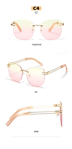 Three-way view of cat eye sunglasses showing chain detail and yellow pink gradient lenses
