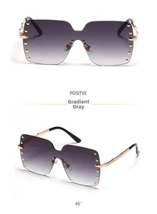 Detail view of rimless square sunglasses with gold rivets and gradient gray lenses