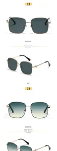 Detailed views of gold metal square frame sunglasses with grey and green gradient lenses