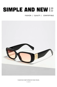 Detail of trendy rectangle sunglasses featuring orange gradient lenses and gold G-logo hinges