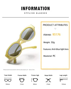 Detailed size chart for retro oval sunglasses showing dimensions and PC frame specifications