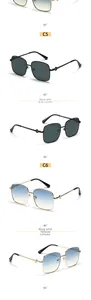 Detail view of square metal sunglasses in black C5 and gradient blue yellow C6 finishes