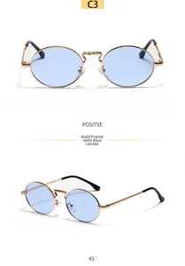 Detail view of retro round sunglasses with gold metal frames and light blue lenses