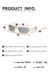 Detailed size guide for rectangular Y2K punk sunglasses with frame and lens measurements