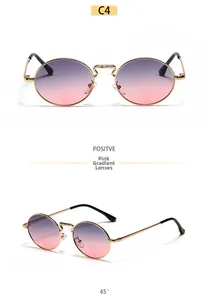 Detail view of oval retro sunglasses with gold metal frame and pink gradient lenses