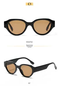 Detailed view of vintage oval sunglasses with thick black frames and brown lenses